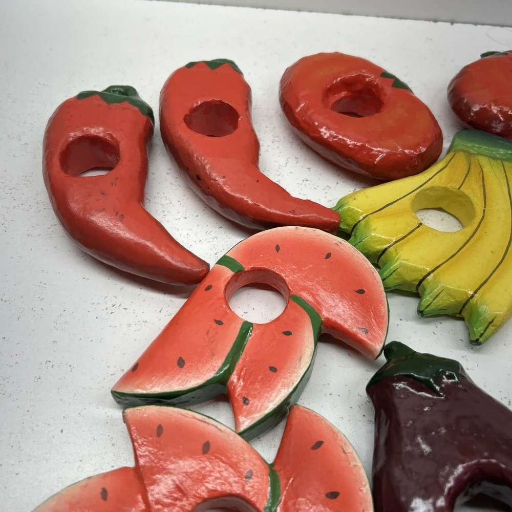 Vintage Wooden Fruit Napkin Rings Set 10 Watermelon‎ Hand Painted 1970's